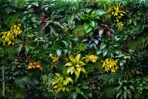 Tall living wall covered in plants. Generative AI