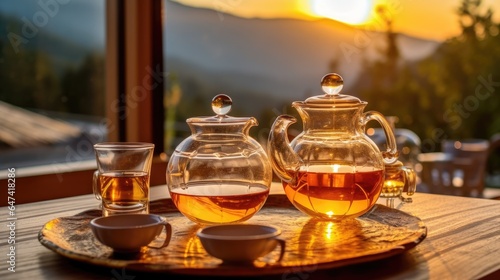 Glass teapot and glass glasses placed on table at sunset with mountain view in mountain villa