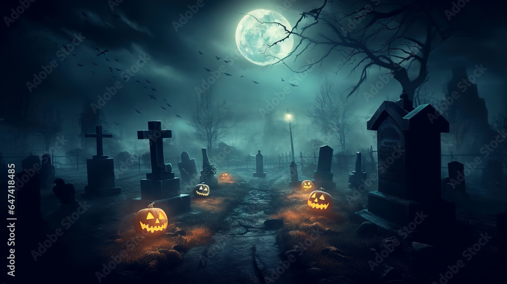 Cemetery in the evening. Halloween scene. Ai generative