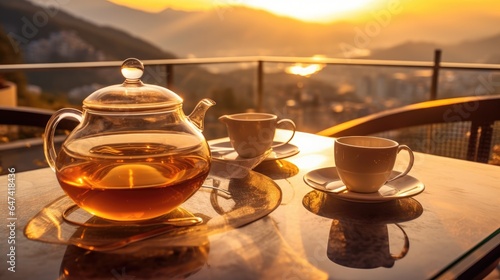 Glass teapot and glass glasses placed on table at sunset with mountain view in mountain villa