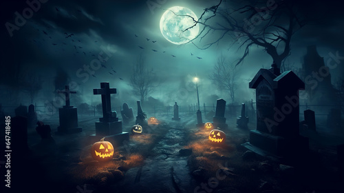 Cemetery in the evening. Halloween scene. Ai generative