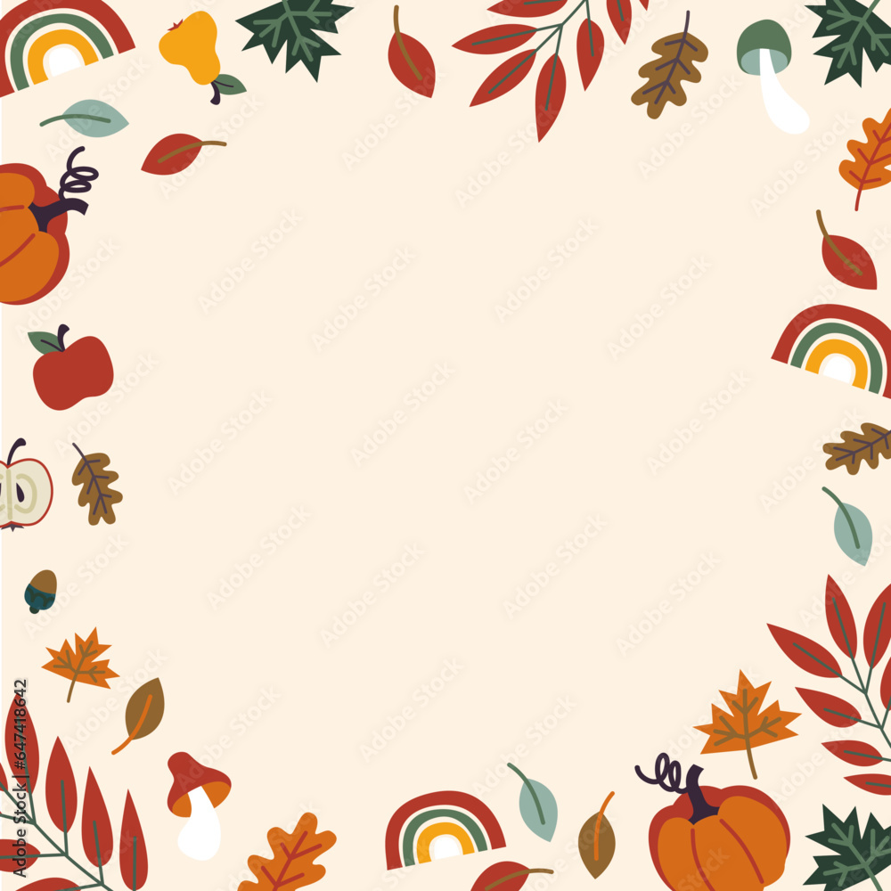 Frame fall. Vector illustration, separated items. Leafs, mushrooms, apple and pear. Frame fall. Vector illustration, separated items. Leafs, mushrooms, apple and pear.