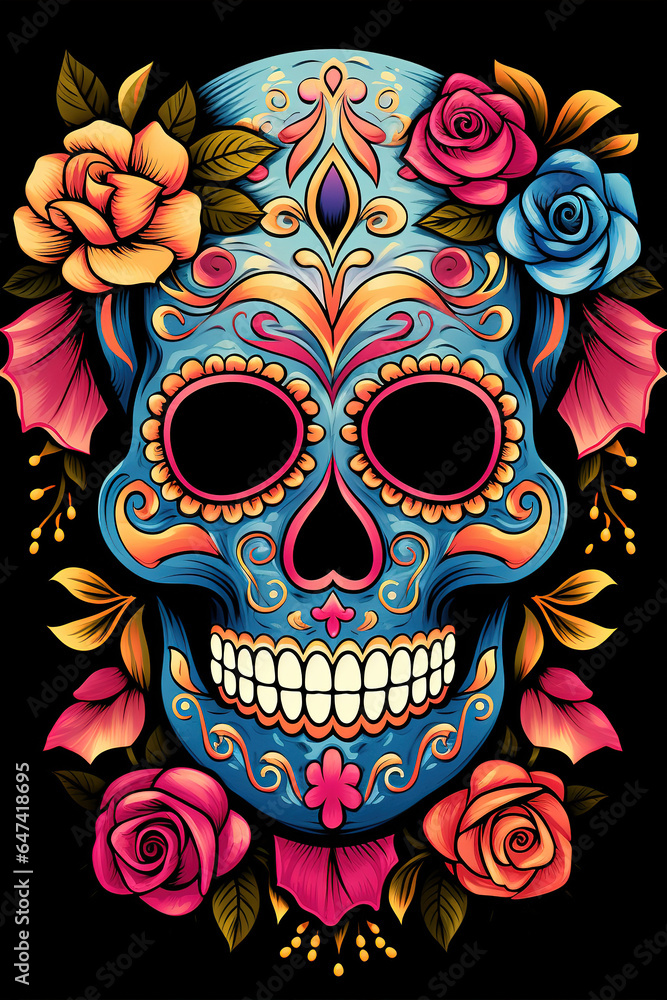 Drawing illustration of an ornately decorated Day of the Dead sugar skull, or calavera.Ai generative