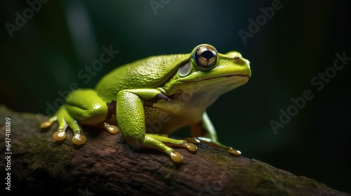 green frog on a twig on a dark background © MBRAMO