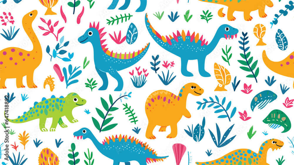 Cute dinosaurs and tropical plants, childrens colorful print on fabric, postcards. Vector seamless pattern on white background Cute dinosaurs and tropical plants, childrens colorful print on fabric, postcards. Vector seamless pattern on white background