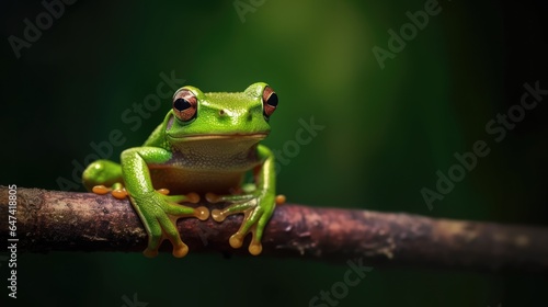 green frog on a twig on a dark background