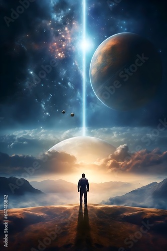 Man standing on top of a mountain and staring the moon and the planets.