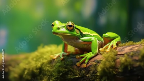 Green frog on branch, with blur bokeh background
