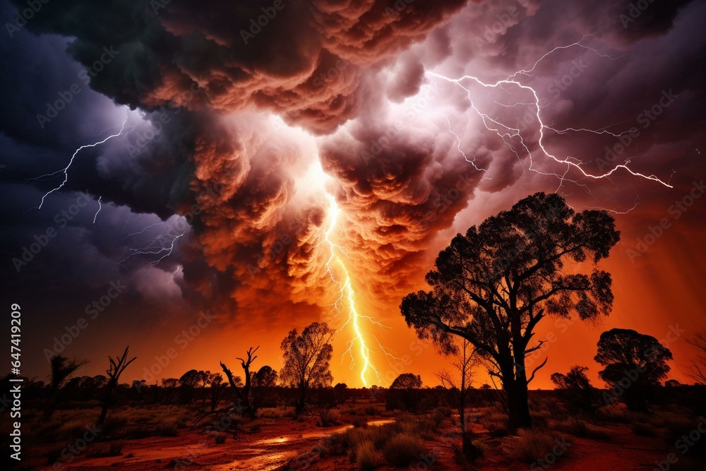 Intense lightning storm in the barren Australian wilderness. Generative AI