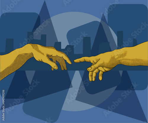 Hand of God, illustration of God creating Adam, inspired by Michelangelo's work with abstract objects and blue background.
