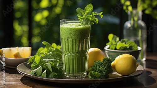 green juice in a glass cup with green juice in a blender, on the kitchen table