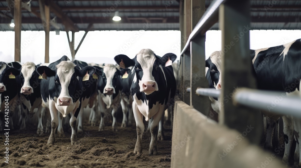 group of dairy cows in a modern livestock pen