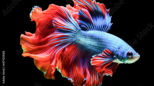 Capture the moving moment of red blue siamese fighting fish on black background.