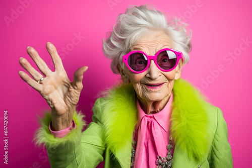 Elderly woman wearing pink suns glasses and is holding her hand up waving, in front of a magenta background.