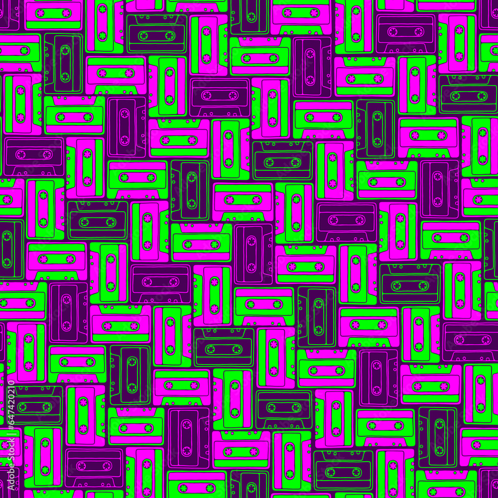 Seamless pattern with vintage cassette tapes in 3 colors