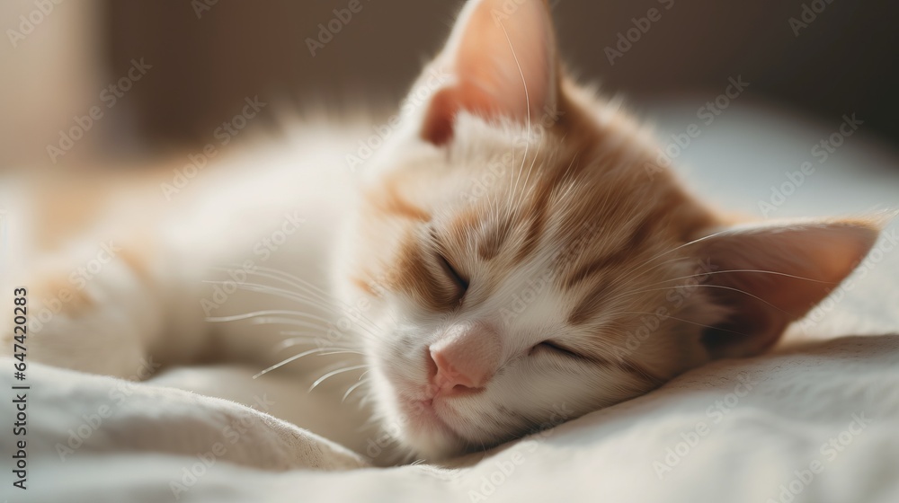 adorable kitten sleeping on a bed