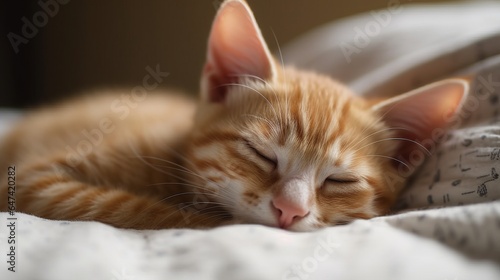adorable kitten sleeping on a bed © PawsomeStocks