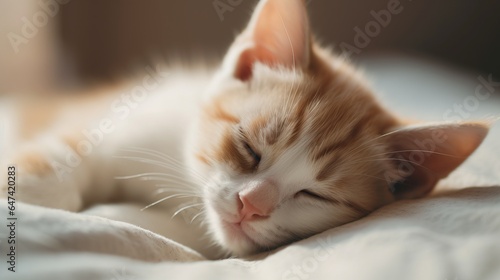 adorable kitten sleeping on a bed © PawsomeStocks