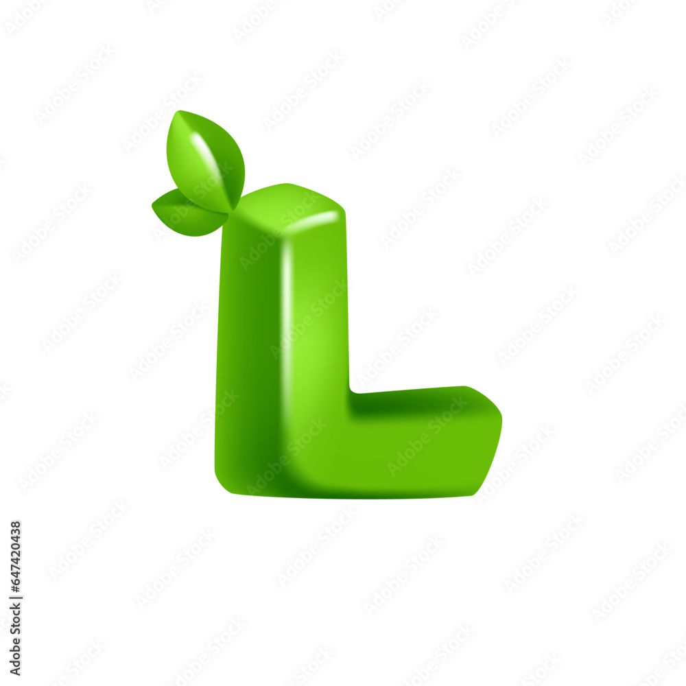 Letter L logo 3D render in cartoon cubic style with green leaves. Eco-friendly vector illustration. Impossible isometric shapes. Perfect for nature banner, healthy food labels, garden, and grass adv. Letter L logo 3D render in cartoon cubic style with green leaves. Eco-friendly vector illustration. Impossible isometric shapes. Perfect for nature banner, healthy food labels, garden, and grass adv.