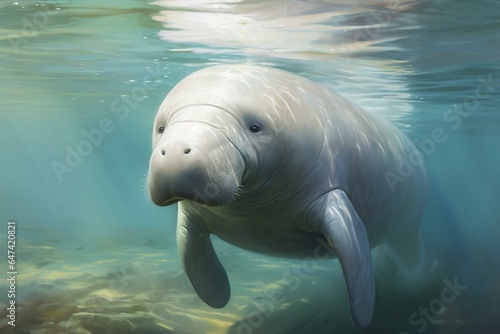 peaceful dugong swimming near the water's surface, adorable aquatic creature, elusive marine mammal. Generative AI