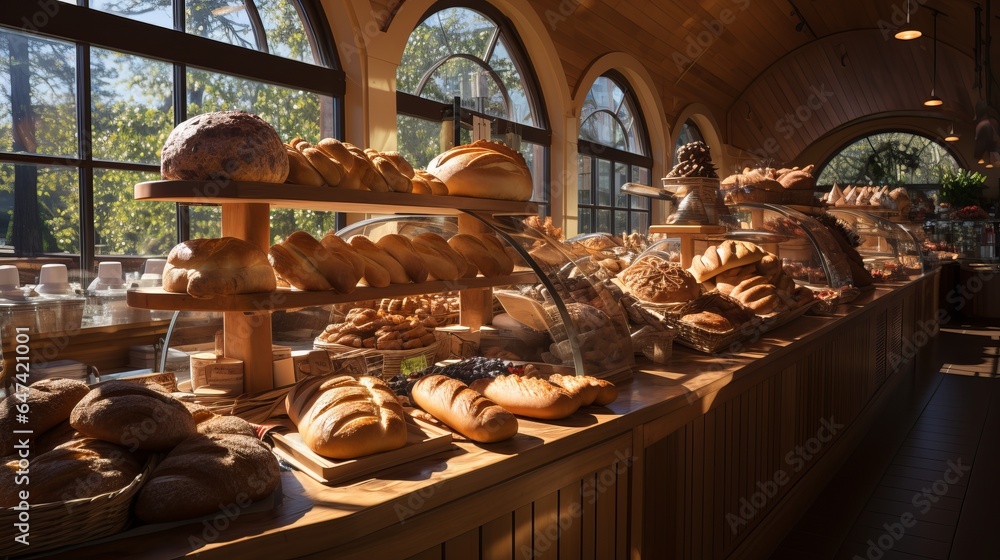 Rustic outdoor bakery and coffee shop with hot pastries and tables for patrons. Handmade bread Various loaves, baguettes. Rye, buckwheat, bran, gluten-free, wheat buns, sunny day