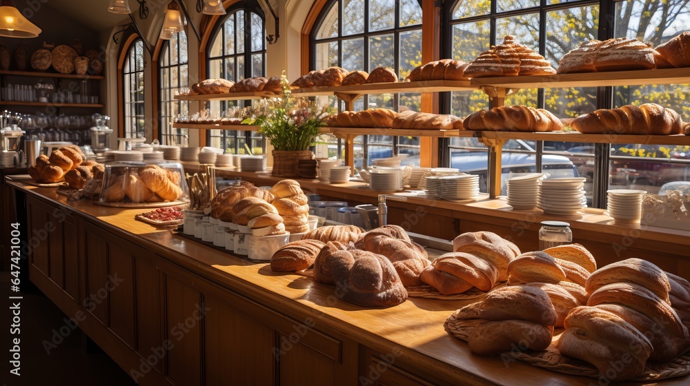 Rustic outdoor bakery and coffee shop with hot pastries and tables for patrons. Handmade bread Various loaves, baguettes. Rye, buckwheat, bran, gluten-free, wheat buns, sunny day