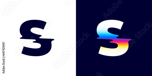 S letter logo with color glitch. Neon double exposure style. Multicolor gradient sign with hologram and illusion effect. Glowing color shift vector icon for nightlife labels, game screens, vibrant adv
