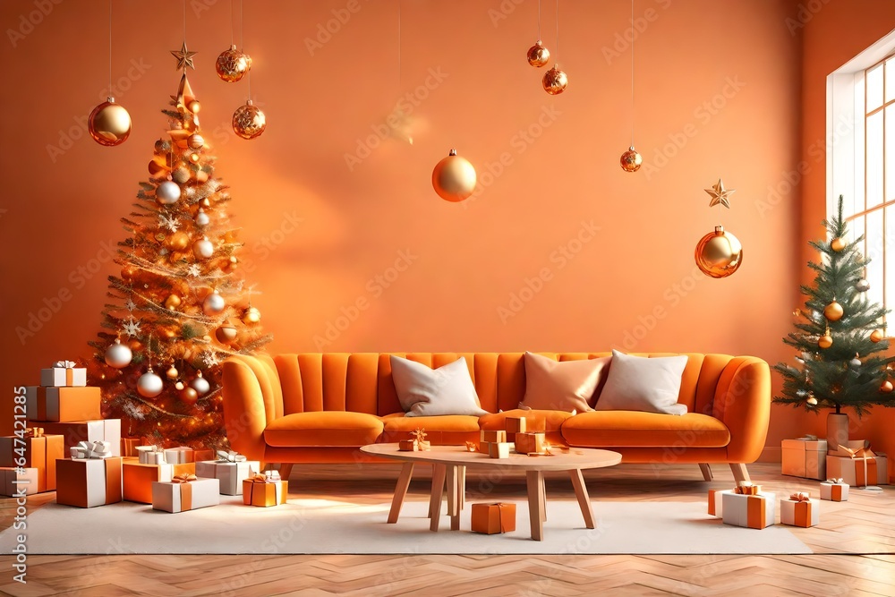 Living Room Christmas interior in Scandinavian style. Christmas tree with gift boxes. Orange sofa on bright wall Mockup