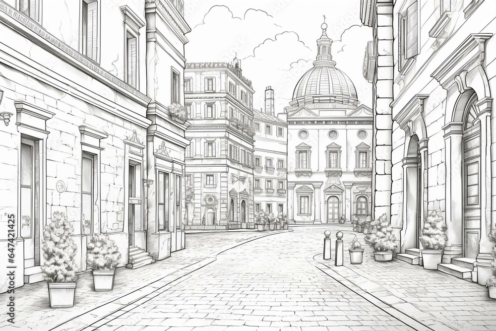 Illustration of a street in Rome, Italy for coloring book. Generative AI