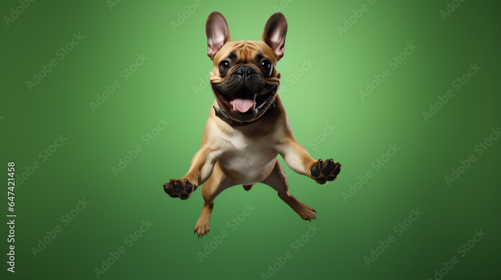 French Bulldog jumping on green background