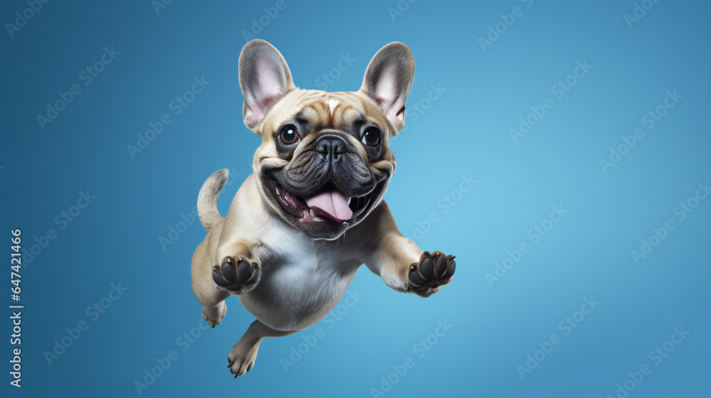 French Bulldog jumping on blue background