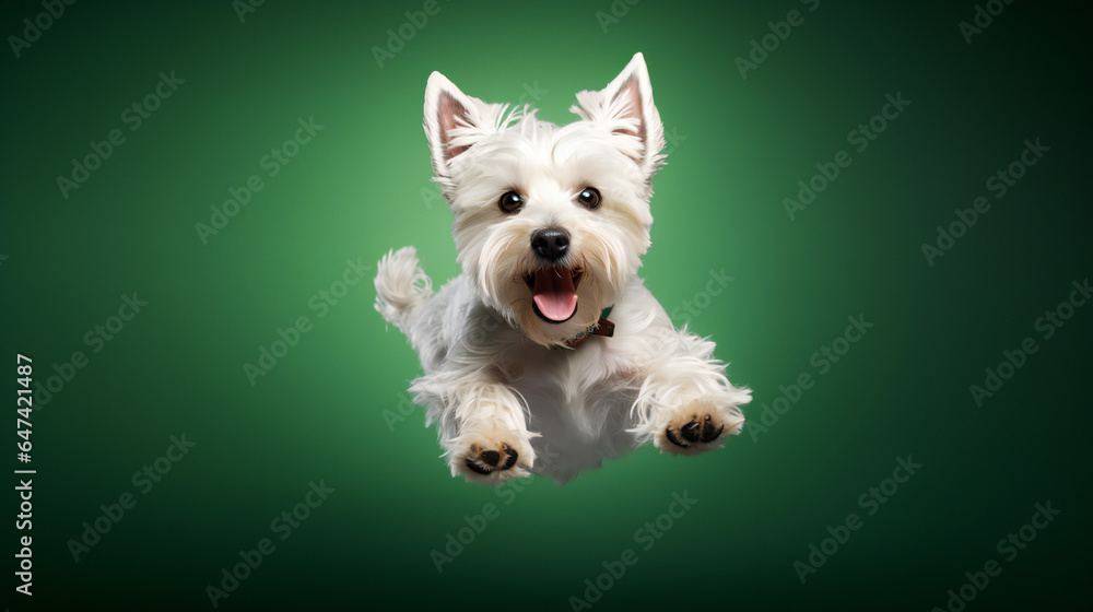 West Highland White Terrier dog jumping on green background