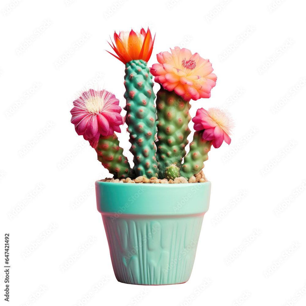 Closeup transparent background Cactus pot with blooming plant