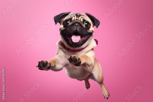 Pug dog jumping on pink background