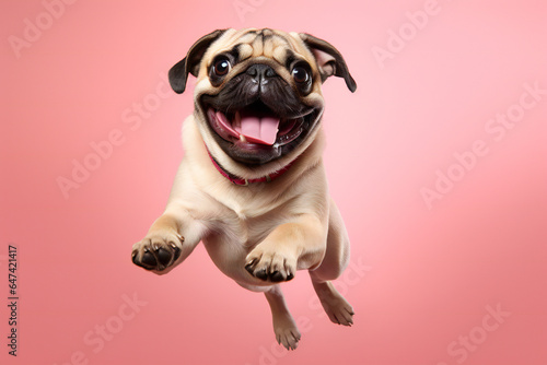 Pug dog jumping on pink background