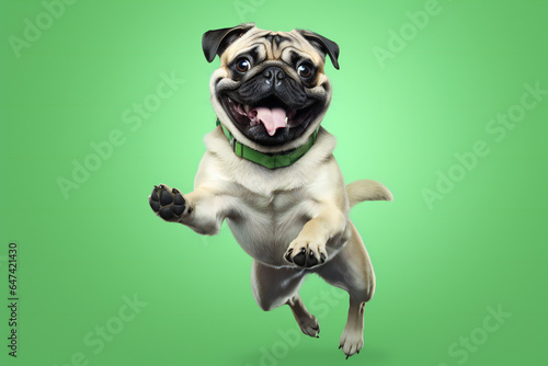 Pug dog jumping on green background