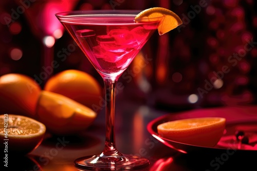A pink martini with an orange twist in a dark red bar, surrounded by citrus fruits.