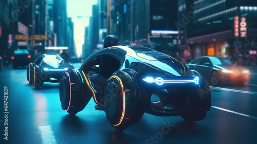 Futuristic Cyberpunk Transportation.  Illustration of futuristic vehicles like hovercars and motorcycles, zooming through a cyberpunk cityscape. photo