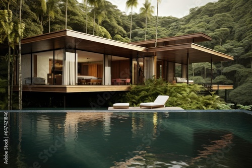 A modern house with a pool, nestled in a lush tropical forest, exuding tranquility and luxury.
