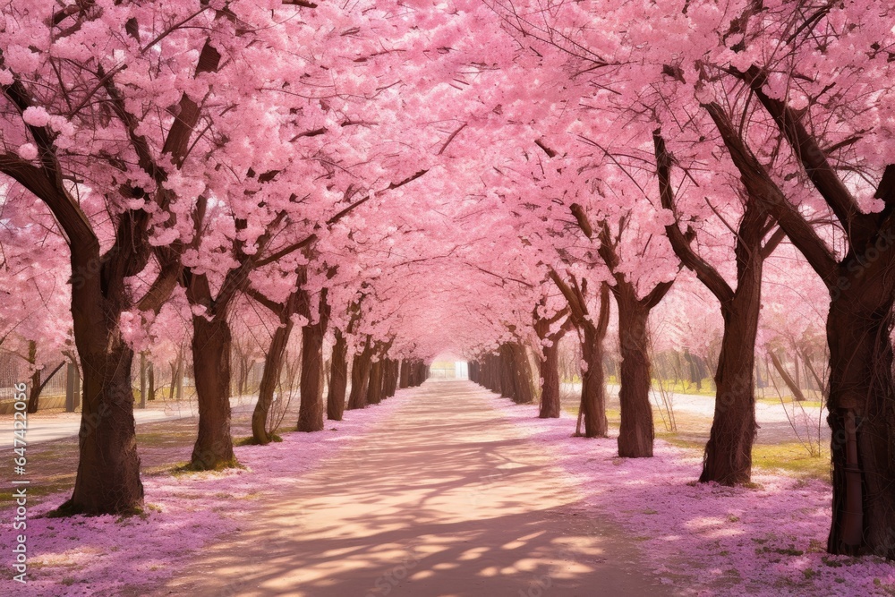 A beautiful pathway lined with pink cherry blossom trees in full bloom.