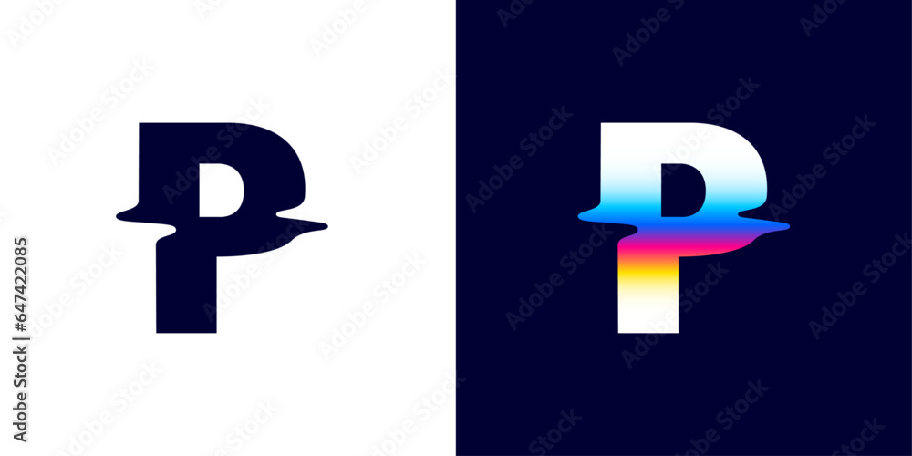 P letter logo with color glitch. Neon double exposure style. Multicolor gradient sign with hologram and illusion effect. Glowing color shift vector icon for nightlife labels, game screens, vibrant adv - obrazy, fototapety, plakaty 