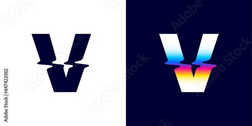 V letter logo with color glitch. Neon double exposure style. Multicolor gradient sign with hologram and illusion effect. Glowing color shift vector icon for nightlife labels, game screens, vibrant adv