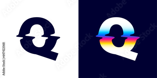 Q letter logo with color glitch. Neon double exposure style. Multicolor gradient sign with hologram and illusion effect. Glowing color shift vector icon for nightlife labels, game screens, vibrant adv