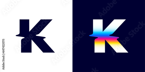 K letter logo with color glitch. Neon double exposure style. Multicolor gradient sign with hologram and illusion effect. Glowing color shift vector icon for nightlife labels, game screens, vibrant adv