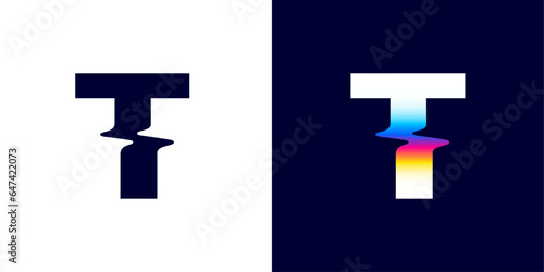 T letter logo with color glitch. Neon double exposure style. Multicolor gradient sign with hologram and illusion effect. Glowing color shift vector icon for nightlife labels, game screens, vibrant adv