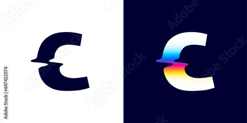 C letter logo with color glitch. Neon double exposure style. Multicolor gradient sign with hologram and illusion effect. Glowing color shift vector icon for nightlife labels, game screens, vibrant adv