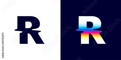 R letter logo with color glitch. Neon double exposure style. Multicolor gradient sign with hologram and illusion effect. Glowing color shift vector icon for nightlife labels, game screens, vibrant adv