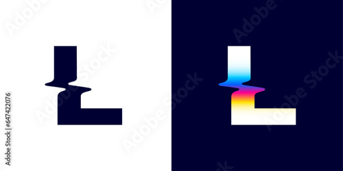 L letter logo with color glitch. Neon double exposure style. Multicolor gradient sign with hologram and illusion effect. Glowing color shift vector icon for nightlife labels, game screens, vibrant adv