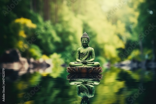 A statue of Buddha sits on a lotus flower in a peaceful forest setting with a reflective pond.