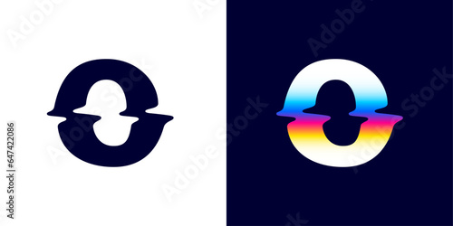 O letter logo with color glitch. Neon double exposure style. Multicolor gradient sign with hologram and illusion effect. Glowing color shift vector icon for nightlife labels, game screens, vibrant adv